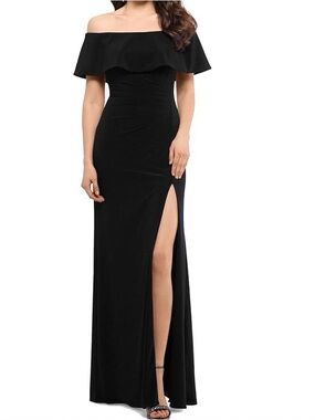 Xscape Black One-Shoulder Evening Gown with High Slit